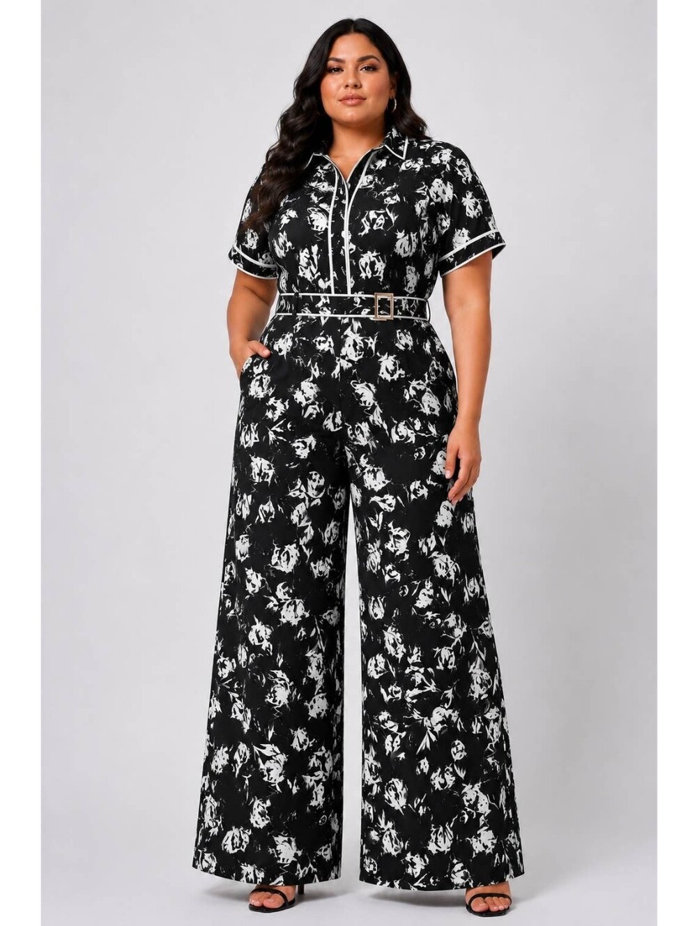 Plus Size Black & White Floral Wide-Leg Jumpsuit